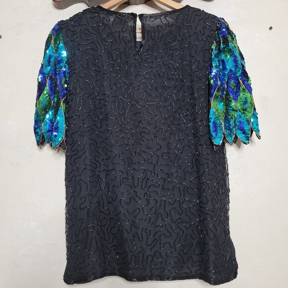 VTG Praise Hymn Fashions Pure Silk Sequin Beaded Green Blue Formal Blouse Top✨️M - Picture 5 of 16